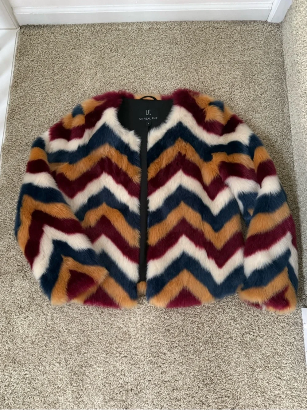 NWOT Unreal Fur Faux Fur Frequency Chevron Statement Jacket Vegan M